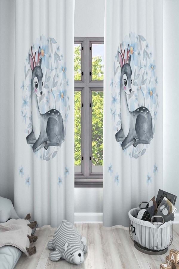 Gri Ceylanlı Hayvanlı Desenli Dekoratif Çocuk Ve Bebek Odası Fon Perde Gri Ceylanlı Hayvanlı Desenli Dekoratif Çocuk Ve Bebek Odası Fon Perde