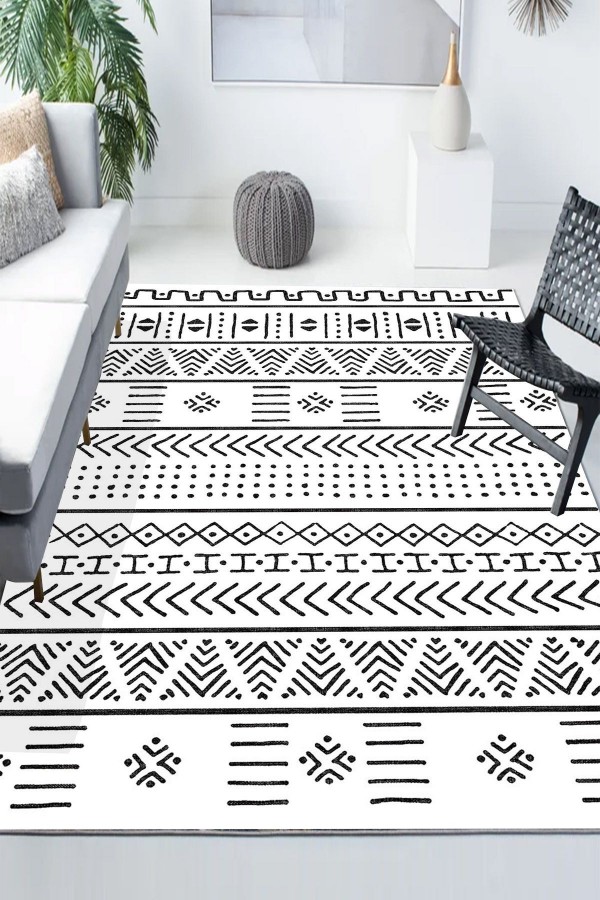 Dijital Baskılı Desenli Makinada yıkanabilir Kaymaz Taban Salon Halısı Mutfak Halısı Ds-1 Siyah Beyaz Bohem Çizgi Desenli Makinada yıkanabilir Kaymaz Taban Salon Halısı Mutfak Halısı Ds-1