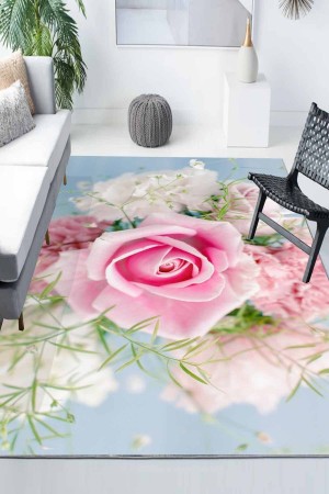 Pembe Mavi Güllü Desenli Modern Kaymaz Yıkanabilir Mutfak Salon Halısı