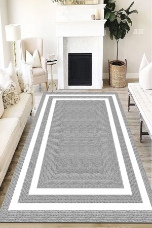 Dijital Kaymaz Gri Jüt Görünümlü Beyaz Çerçeveli Yıkanabilir Salon Halısı Halı Yolluk
