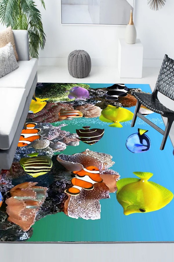 Akvaryum Desenli Modern Kaymaz Yıkanabilir Mutfak Salon Halısı Akvaryum Desenli Modern Kaymaz Yıkanabilir Mutfak Salon Halısı