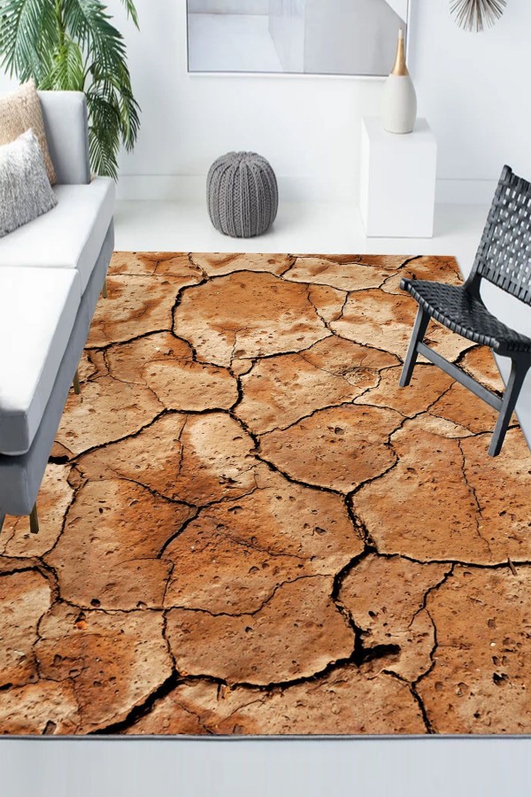 Kurumuş Toprak Desenli Modern Kaymaz Yıkanabilir Mutfak Salon Halısı