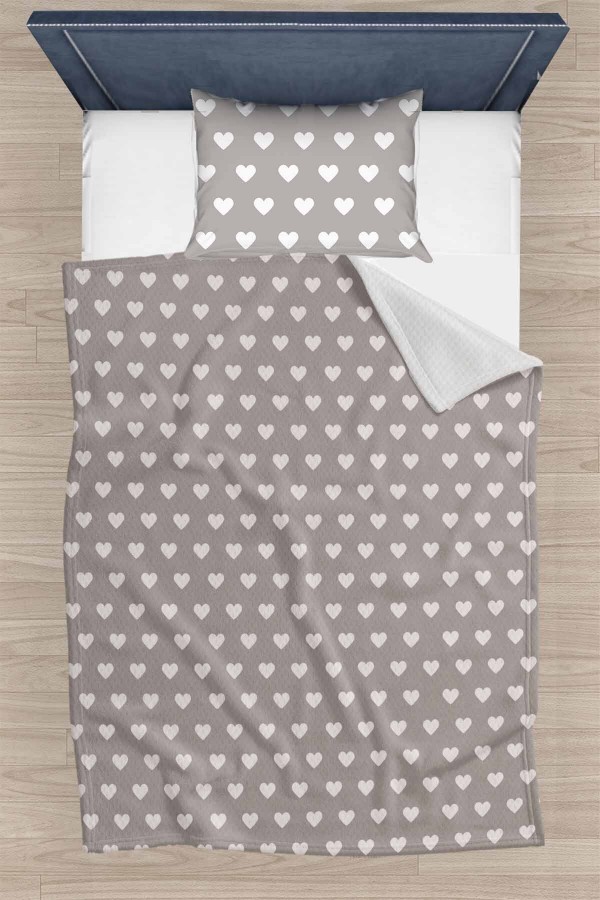 Gri Kalpli Desenli Tek Kişilik Yastıklı Baskılı Yatak Örtüsü Pike Takımı 160x220cm