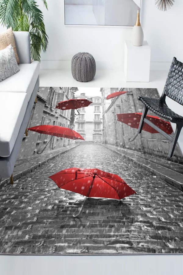 Gri Kırmızı Şemsiye Desenli Modern Kaymaz Yıkanabilir Mutfak Salon Halısı