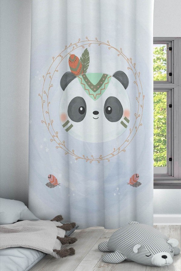 Mavi Gri Bohem Panda Desenli Dekoratif Çocuk Ve Bebek Odası Fon Perde Mavi Gri Bohem Panda Desenli Dekoratif Çocuk Ve Bebek Odası Fon Perde