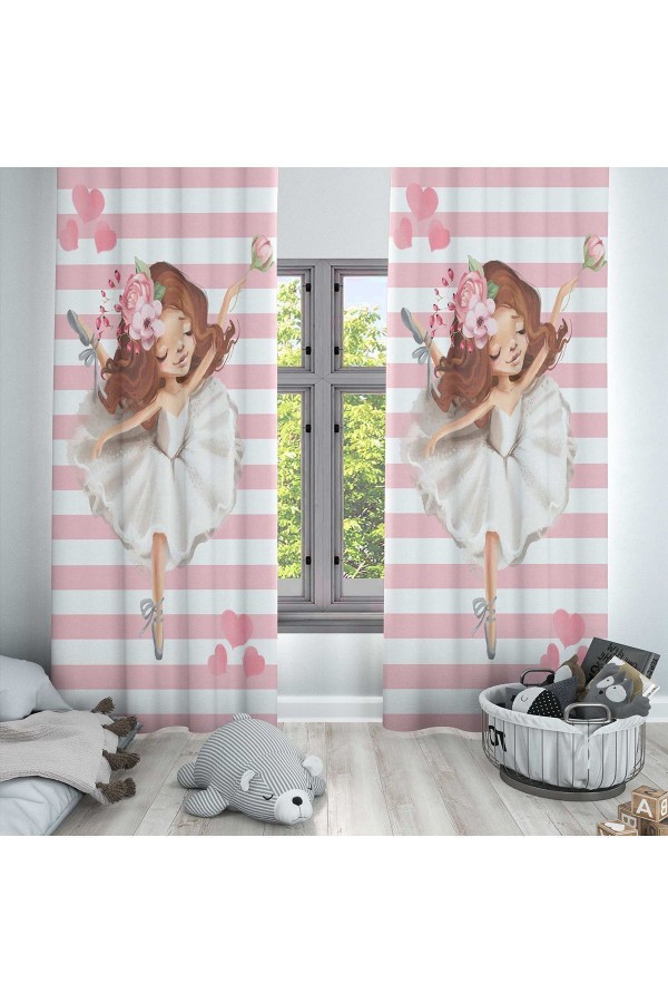 Pembe Beyaz Balerin Desenli Dekoratif Çocuk Ve Bebek Odası Fon Perde Pembe Beyaz Balerin Desenli Dekoratif Çocuk Ve Bebek Odası Fon Perde