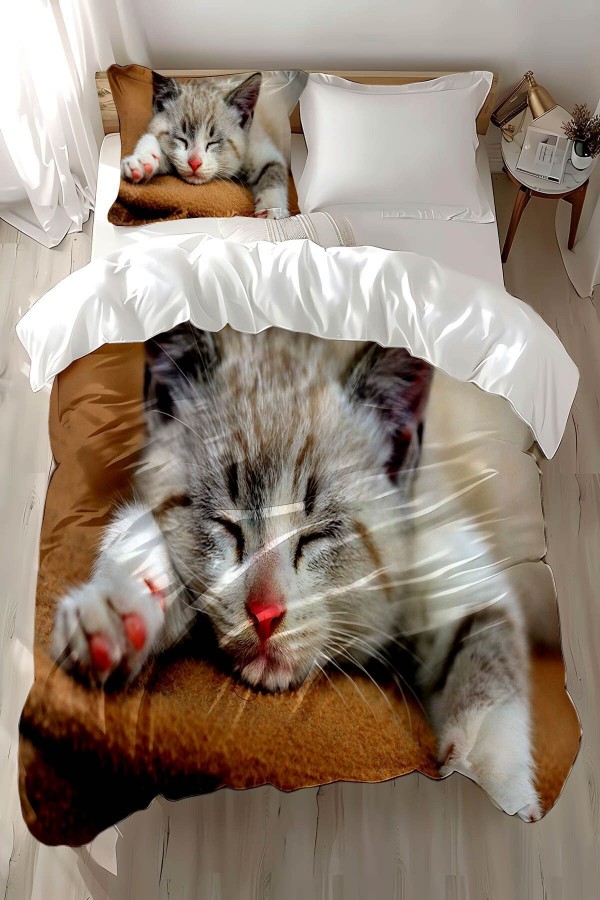 Uyuyan Kedi Desenli Baskılı Pamuk Saten Çocuk ve Tek Kişilik Nevresim Takımı