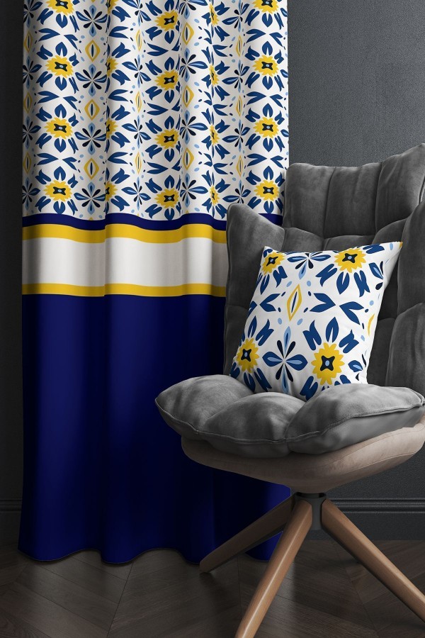 Mavi Beyaz Sarı Etnik Desenli Baskılı Kırlent Kılıflı Salon Mutfak Fon Perde 140x260 cm Mavi Beyaz Sarı Etnik Desenli Baskılı Kırlent Kılıflı Salon Mutfak Fon Perde 140x260 cm