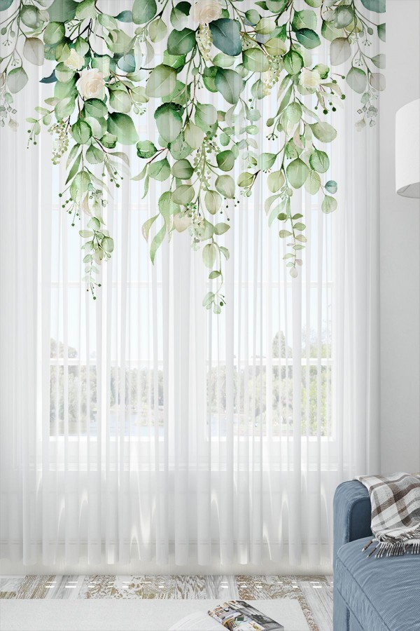 Yeşil Okaliptus Sarmaşık Desen Baskılı Dekoratif Salon Mutfak Tül Perde 140x260cm
