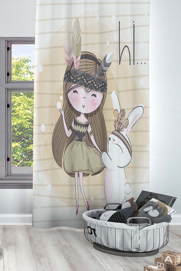 Tavşanlı Kız Desenli Dekoratif Çocuk Ve Bebek Odası Fon Perde