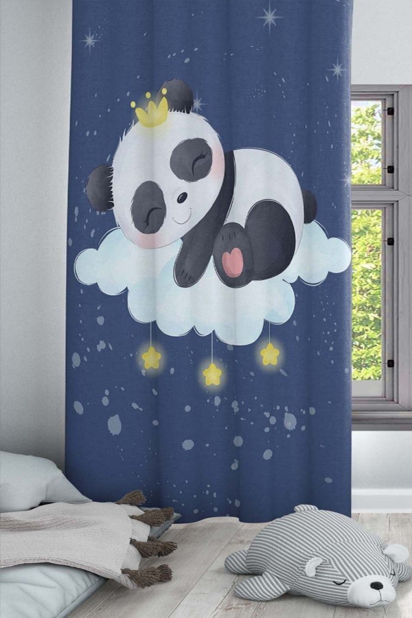Mavi Gökyüzü Yıldızlar Panda Ayılı Desenli Dekoratif Çocuk Ve Bebek Odası Fon Perde