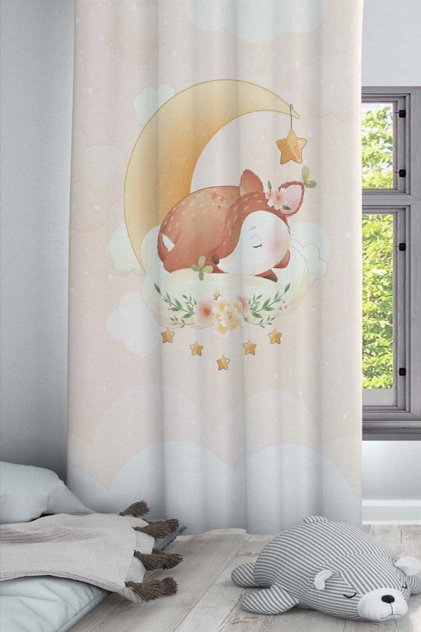 Ay Yıldız Uyuyan Ceylan Desenli Dekoratif Çocuk Ve Bebek Odası Fon Perde Ay Yıldız Uyuyan Ceylan Desenli Dekoratif Çocuk Ve Bebek Odası Fon Perde