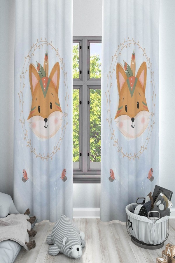 Bohem Tilkili Mavi Kahve Desenli Dekoratif Çocuk Ve Bebek Odası Fon Perde Bohem Tilkili Mavi Kahve Desenli Dekoratif Çocuk Ve Bebek Odası Fon Perde