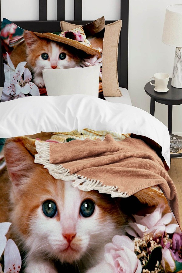 Şapkalı Kedi Desenli Baskılı Pamuk Saten Çocuk ve Tek Kişilik Nevresim Takımı