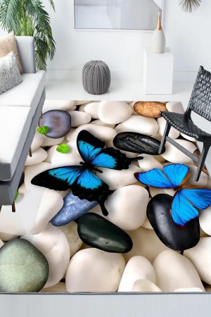 Taşlı Mavi Kelebekli Desenli Modern Kaymaz Yıkanabilir Mutfak Salon Halısı
