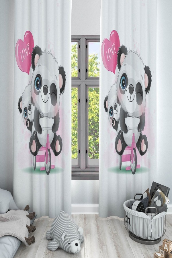 Pembe Love Bisikletli Panda Desenli Dekoratif Çocuk Ve Bebek Odası Fon Perde Pembe Love Bisikletli Panda Desenli Dekoratif Çocuk Ve Bebek Odası Fon Perde