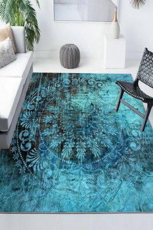 Yeşil Vintage Osmanlı Desenli Modern Kaymaz Yıkanabilir Mutfak Salon Halısı