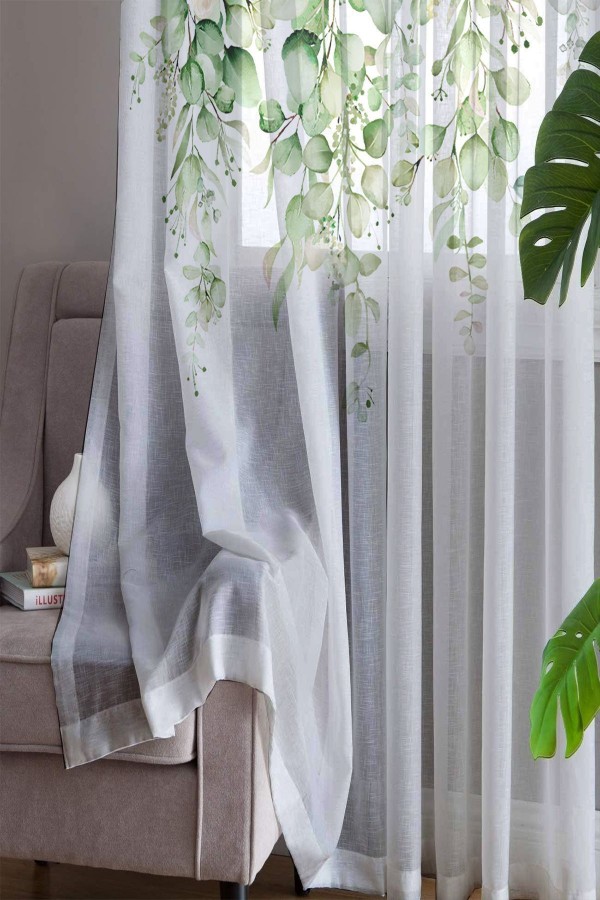 Yeşil Okaliptus Sarmaşık Desen Baskılı Dekoratif Salon Mutfak Tül Perde 140x260cm
