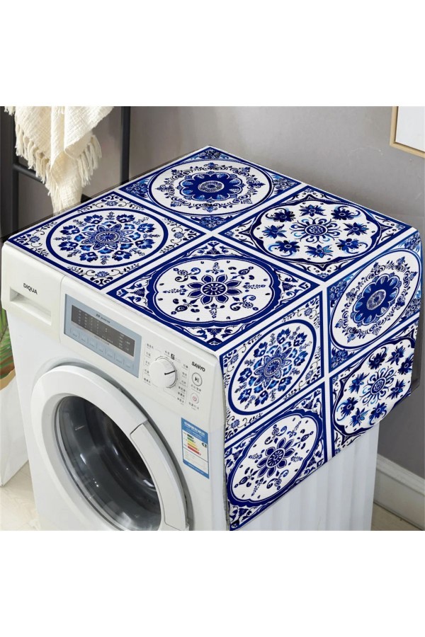 Mavi Beyaz Çini Desenli Dekoratif Bulaşık Kurutma ve Çamaşır Makinesi Örtüsü 60x140cm