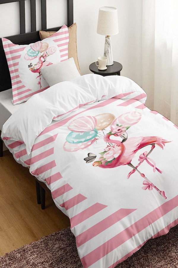 Pembe Beyaz Filamingo Desenli Çarşafsız Tek Kişilik Çocuk Nevresim Takımı