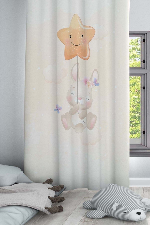 Yıldızlı Sevimli Tavşan Desenli Dekoratif Çocuk Ve Bebek Odası Fon Perde Yıldızlı Sevimli Tavşan Desenli Dekoratif Çocuk Ve Bebek Odası Fon Perde