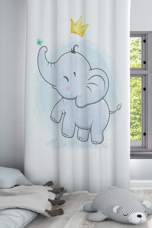 Minik Prens Taçlı Fil Desenli Dekoratif Çocuk Ve Bebek Odası Fon Perde Minik Prens Taçlı Fil Desenli Dekoratif Çocuk Ve Bebek Odası Fon Perde