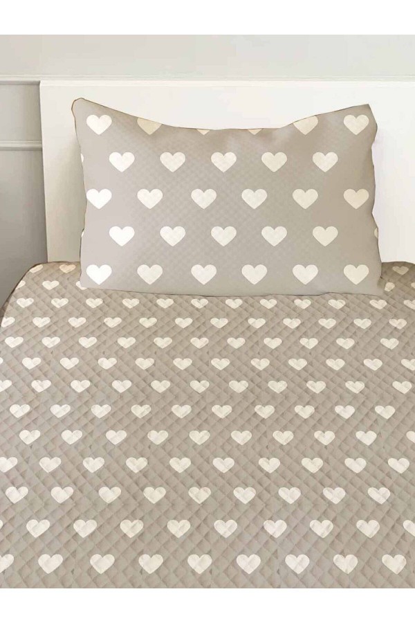 Gri Kalpli Desenli Tek Kişilik Yastıklı Baskılı Yatak Örtüsü Pike Takımı 160x220cm
