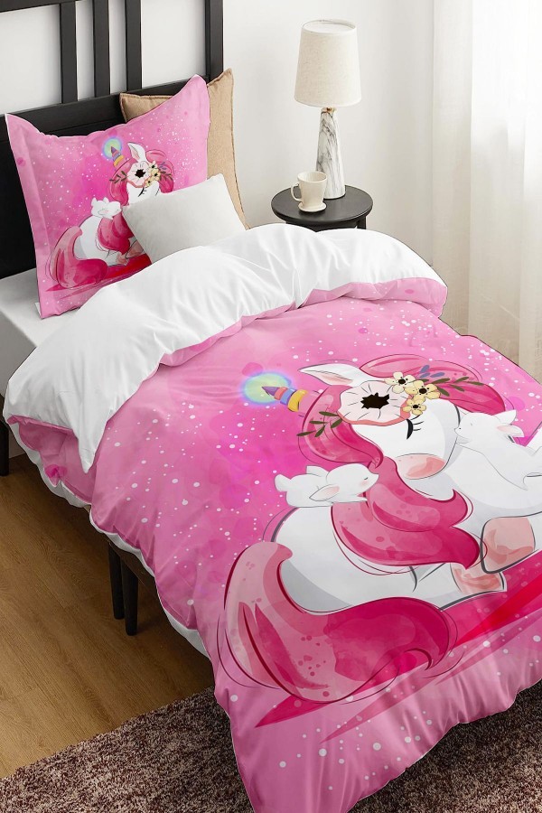 Pembe Unicorn Atlı Desenli Çarşafsız Tek Kişilik Çocuk Nevresim Takımı