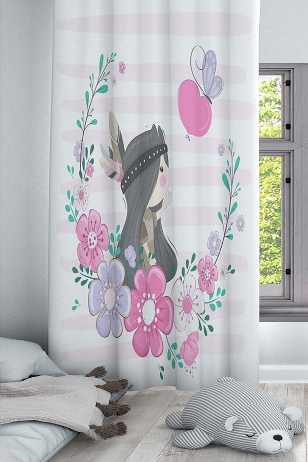 Kızılderili Kız Desenli Dekoratif Çocuk Ve Bebek Odası Fon Perde