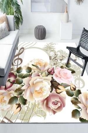 Çiçekler Müzik Nota Desenli Modern Kaymaz Yıkanabilir Mutfak Salon Halısı