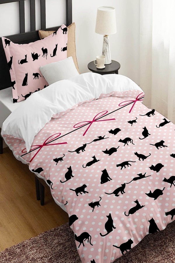 Pembe Siyah Kedi Figürlü Desenli Baskılı Pamuk Saten Çocuk ve Tek Kişilik Nevresim Takımı