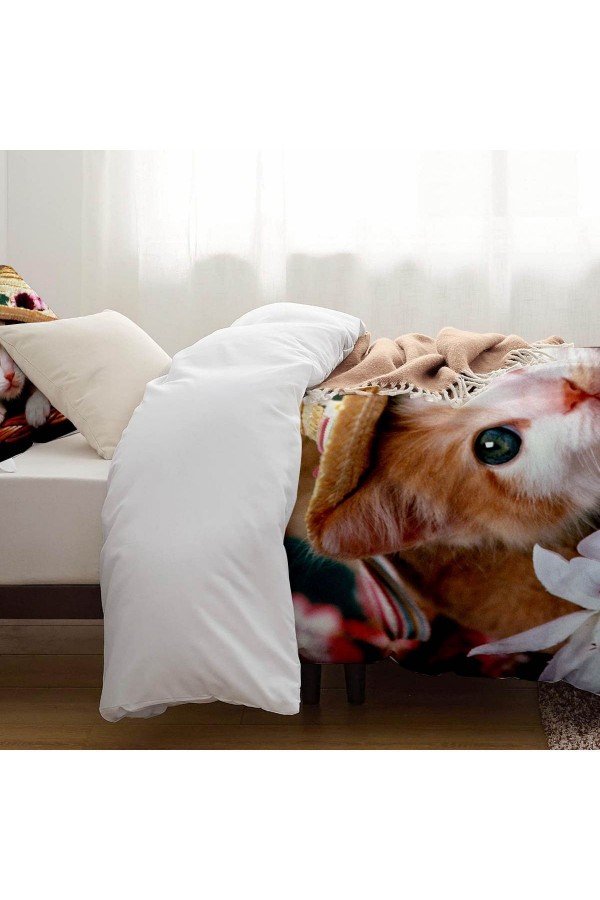 Şapkalı Kedi Desenli Baskılı Pamuk Saten Çocuk ve Tek Kişilik Nevresim Takımı