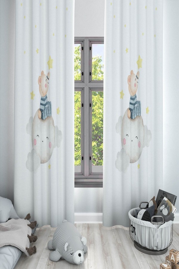 Ay Yıldız Uykucu Ayıcıklı Desenli Dekoratif Çocuk Ve Bebek Odası Fon Perde Ay Yıldız Uykucu Ayıcıklı Desenli Dekoratif Çocuk Ve Bebek Odası Fon Perde