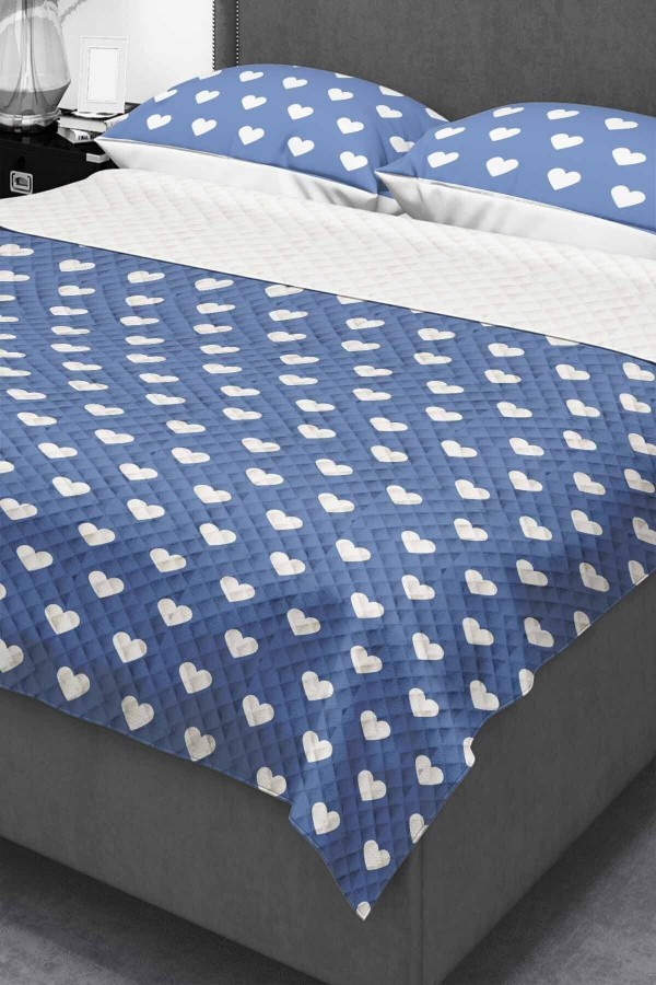 Mavi Kalpli Desenli Çift Kişilik Yastıklı Baskılı Yatak Örtüsü Pike Takımı 200x220cm
