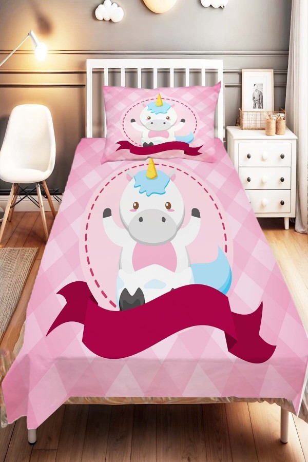 Pembe At Desenli Çocuk Ve Bebek Odası Dekoratif Yatak Örtüsü