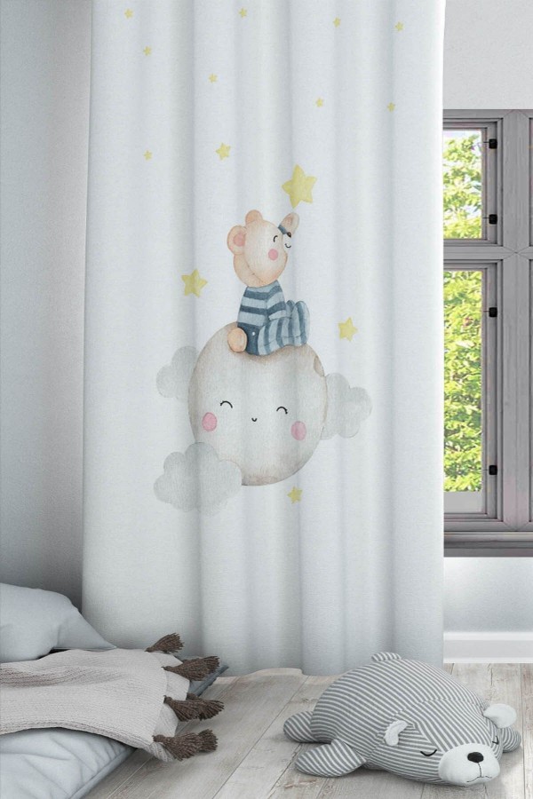 Ay Yıldız Uykucu Ayıcıklı Desenli Dekoratif Çocuk Ve Bebek Odası Fon Perde Ay Yıldız Uykucu Ayıcıklı Desenli Dekoratif Çocuk Ve Bebek Odası Fon Perde