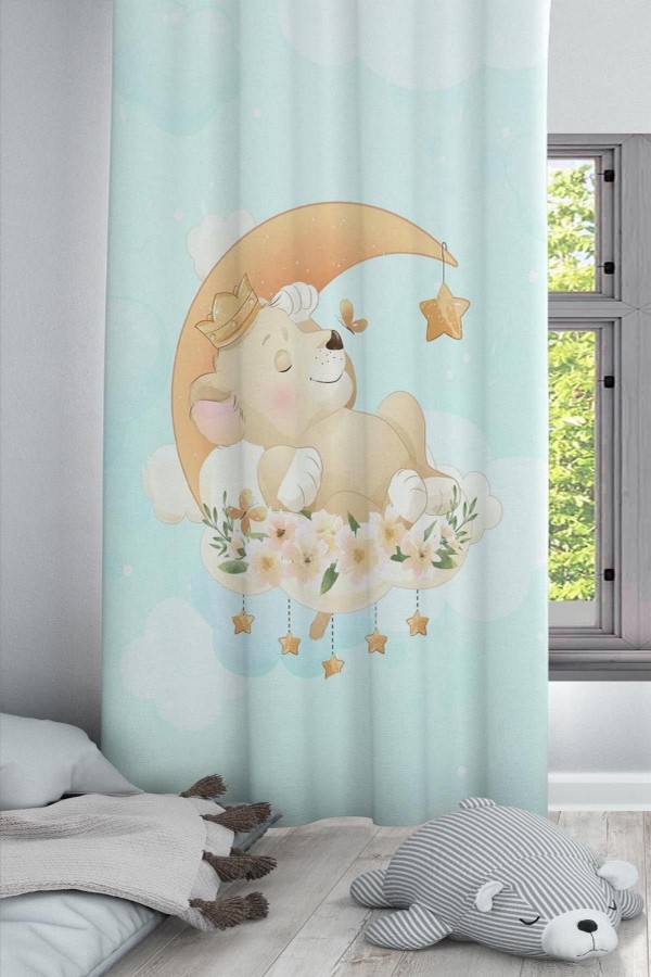 Uykucu Ayıcıklı Çiçekli Desenli Dekoratif Çocuk Ve Bebek Odası Fon Perde Uykucu Ayıcıklı Çiçekli Desenli Dekoratif Çocuk Ve Bebek Odası Fon Perde