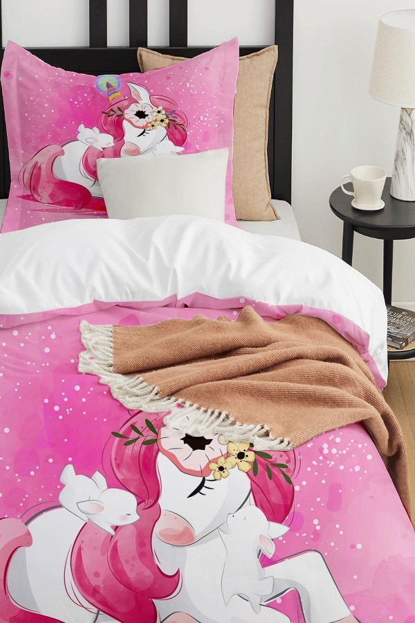 Pembe Unicorn Atlı Desenli Çarşafsız Tek Kişilik Çocuk Nevresim Takımı