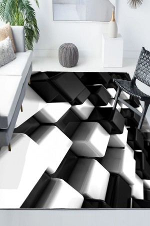 Siyah Beyaz Kutular Desenli Modern Kaymaz Yıkanabilir Mutfak Salon Halısı