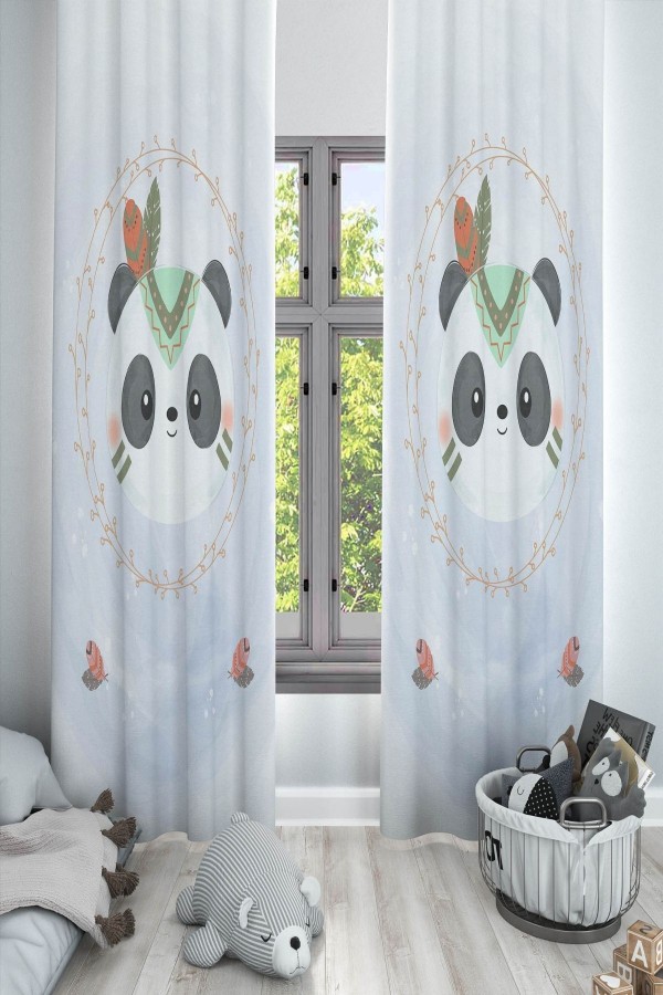 Mavi Gri Bohem Panda Desenli Dekoratif Çocuk Ve Bebek Odası Fon Perde Mavi Gri Bohem Panda Desenli Dekoratif Çocuk Ve Bebek Odası Fon Perde