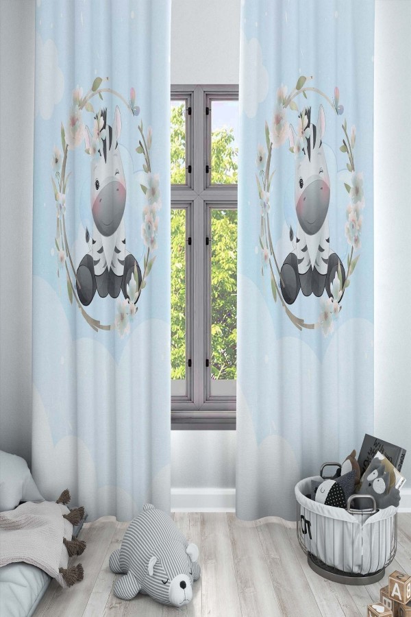 Mavi Sevimli Zebra Hayvanlı Desenli Dekoratif Çocuk Ve Bebek Odası Fon Perde