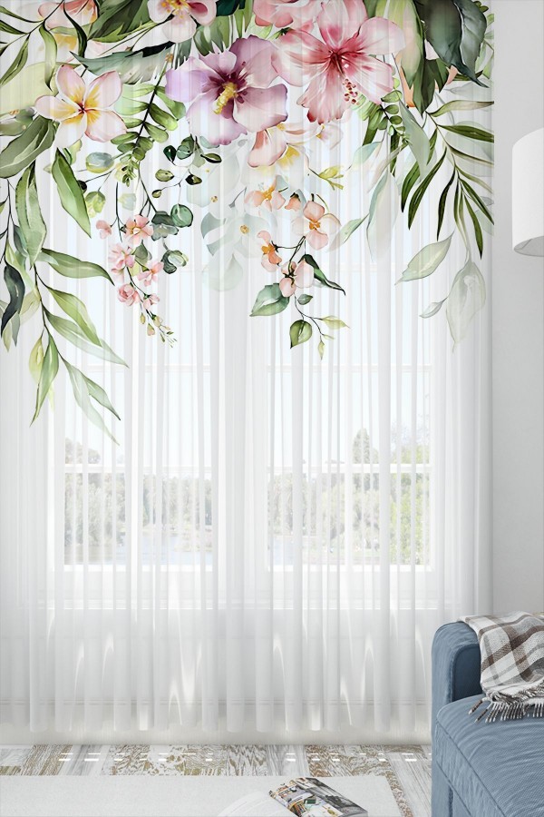 Renkli ÇiÇekler Desen Baskılı Dekoratif Salon Mutfak Tül Perde 140x260cm Renkli ÇiÇekler Desen Baskılı Dekoratif Salon Mutfak Tül Perde 140x260cm