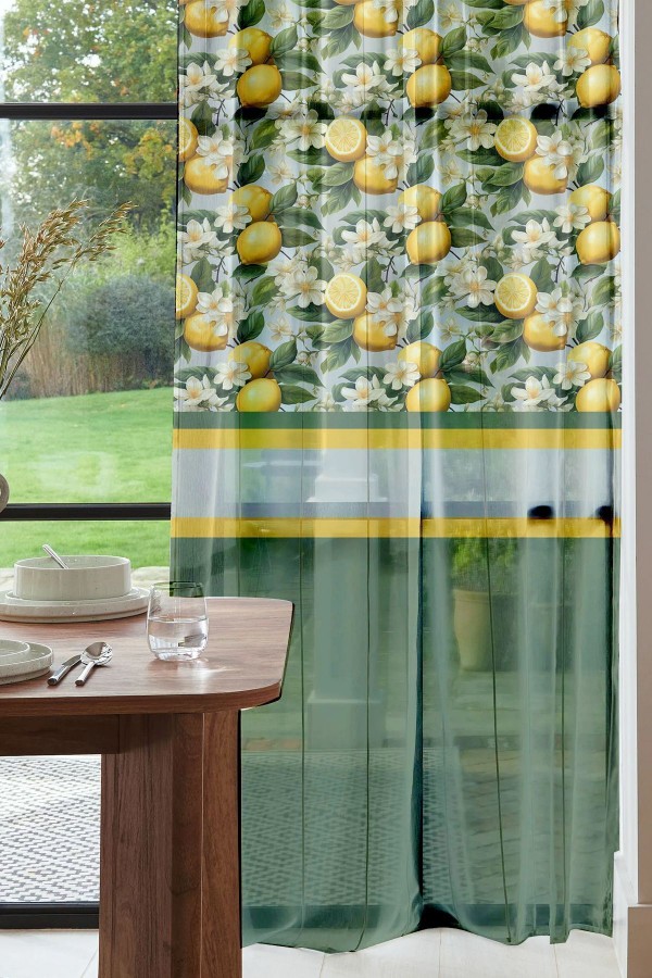 Yeşil Yapraklı Limonlu Desenli Baskılı Dekoratif Salon Mutfak Tül Perde 140x260cm