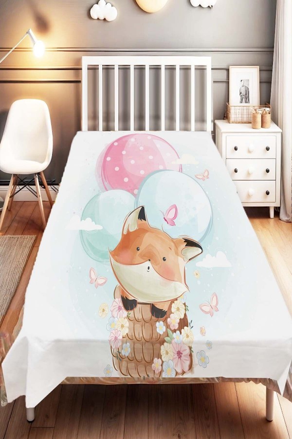 Balonlu Tilki Desenli Çocuk Ve Bebek Odası Dekoratif Yatak Örtüsü Balonlu Tilki Desenli Çocuk Ve Bebek Odası Dekoratif Yatak Örtüsü