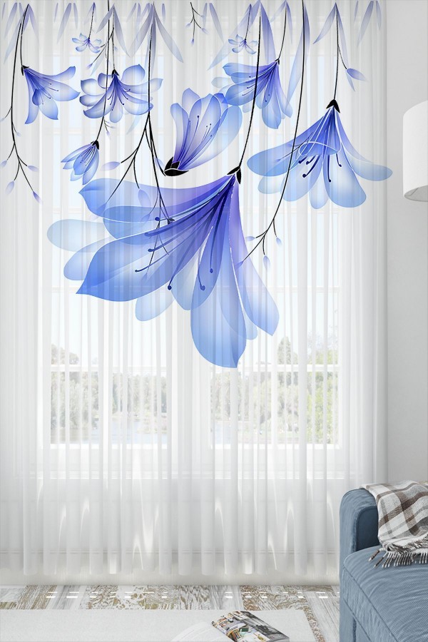 Mavi Çiçekler Desen Baskılı Dekoratif Salon Mutfak Tül Perde 140x260cm