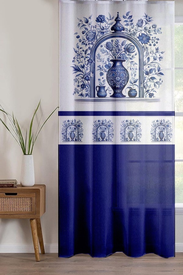 Mavi Beyaz Vazo Vintage Desenli Baskılı Dekoratif Salon Mutfak Tül Perde 140x260cm Mavi Beyaz Vazo Vintage Desenli Baskılı Dekoratif Salon Mutfak Tül Perde 140x260cm