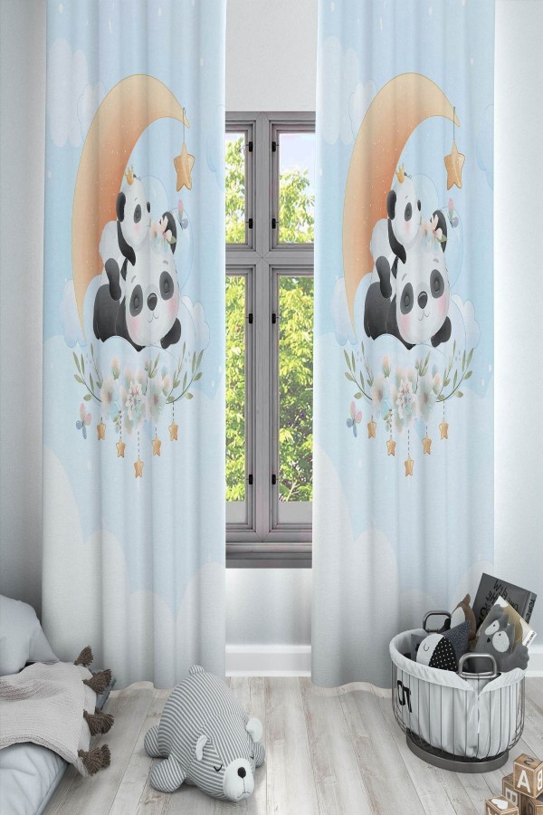 Uykucu Panda Ayılı Ay Yıldız Desenli Dekoratif Çocuk Ve Bebek Odası Fon Perde Uykucu Panda Ayılı Ay Yıldız Desenli Dekoratif Çocuk Ve Bebek Odası Fon Perde