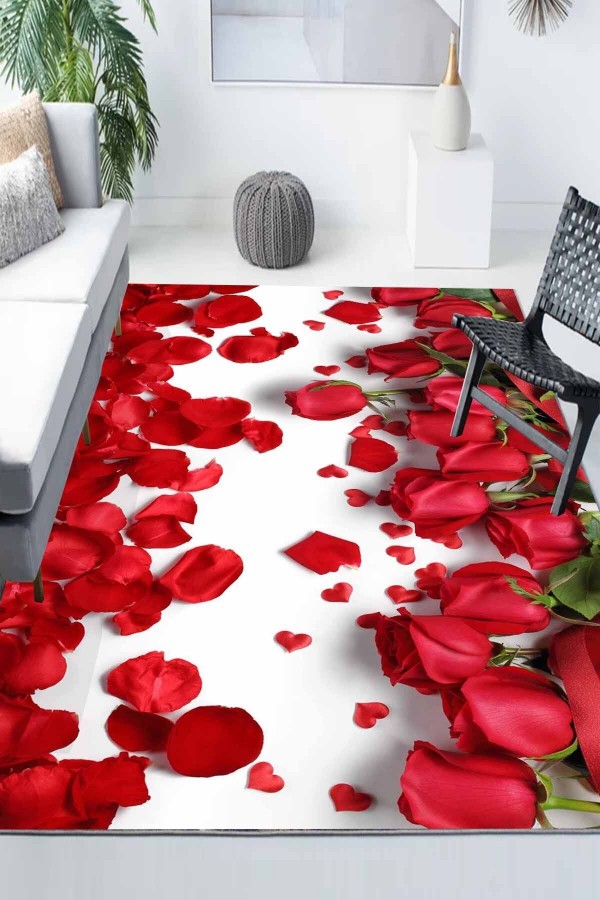 Kırmızı Güller Desenli Modern Kaymaz Yıkanabilir Mutfak Salon Halısı