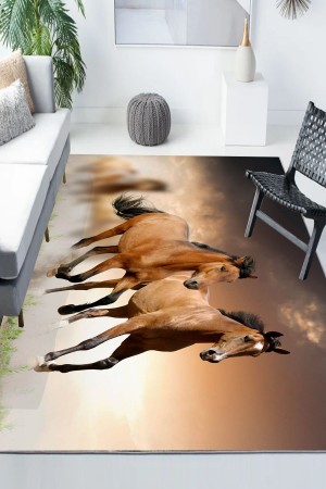 Kahve Koşan Atlar Desenli Modern Kaymaz Yıkanabilir Mutfak Salon Halısı