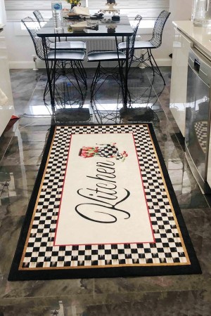 Siyah Beyaz Damalı Kitchen Yazılı Yıkanabilir Kaymaz Taban Mutfak Halısı Halı Yolluk Siyah Beyaz Damalı Kitchen Yazılı Yıkanabilir Kaymaz Taban Mutfak Halısı Halı Yolluk
